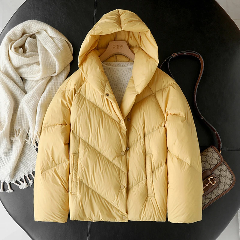 Chaqueta acolchada con capucha informal de invierno para mujer, abrigo cálido suave ultraligero de manga larga 90% plumón de pato blanco, corte holgado, recién llegado 2025