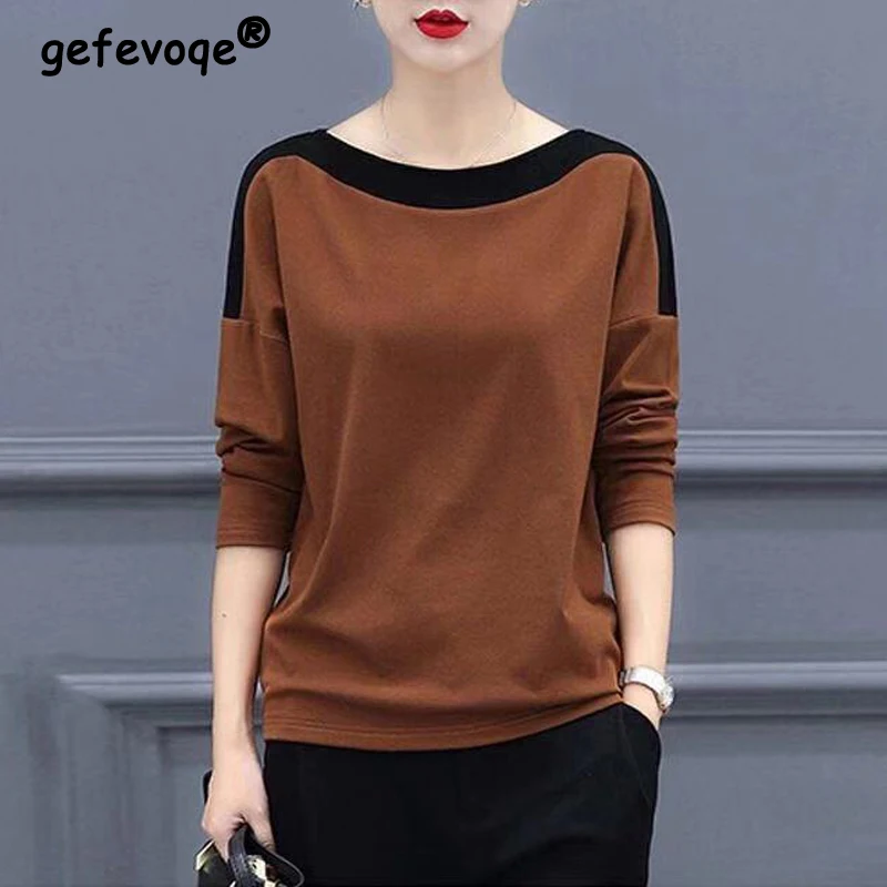 2023 Spring Autumn Korean Fashion Women\'s Casual Contrast Color Long Sleeve Basic T-shirts Round Neck Loose Ladies Tops Clothing