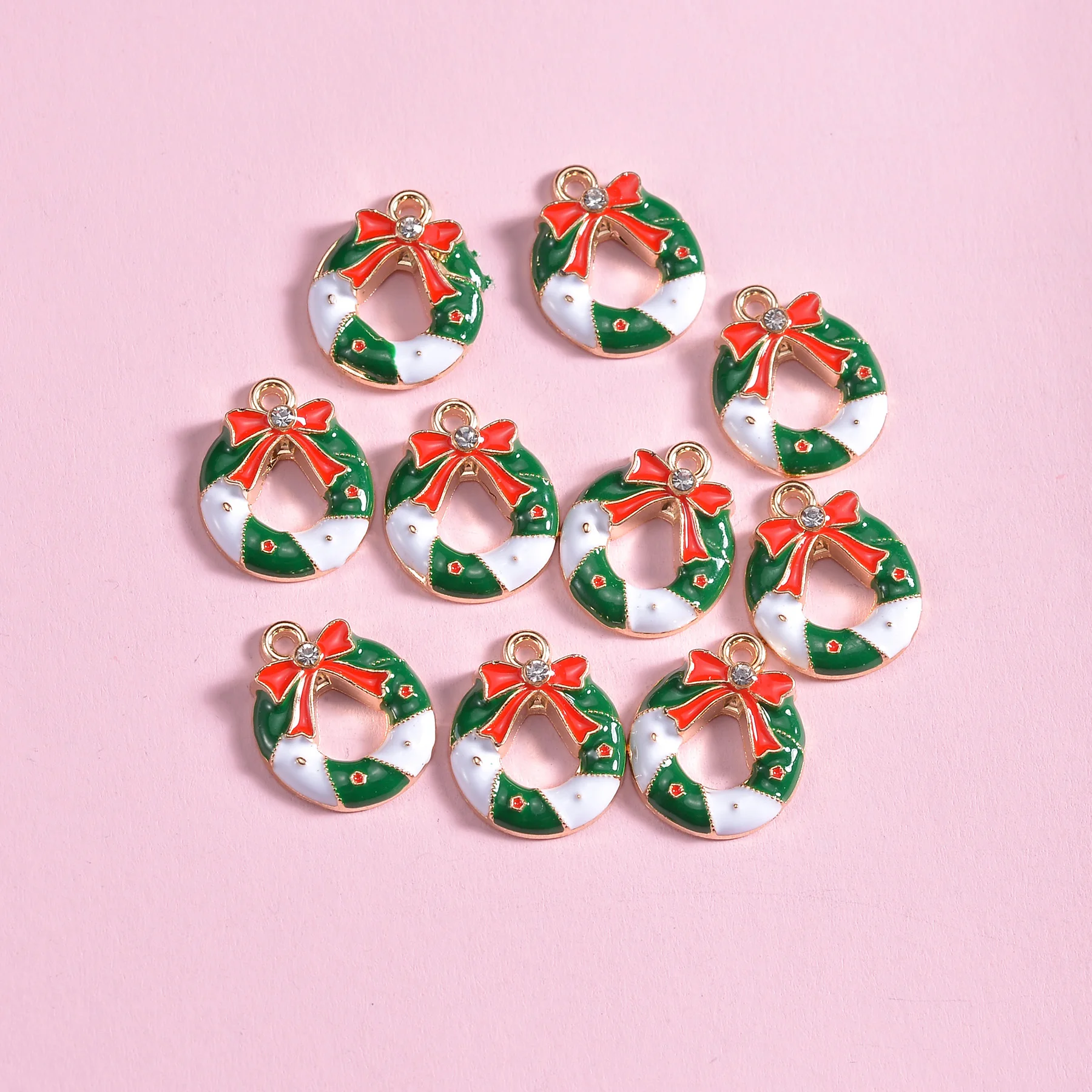 50pcs Enamel Christmas Bowknot Wreath Charms for Earrings Xmas Tree Necklace Bracelet Pendants DIY Jewelry Accessories