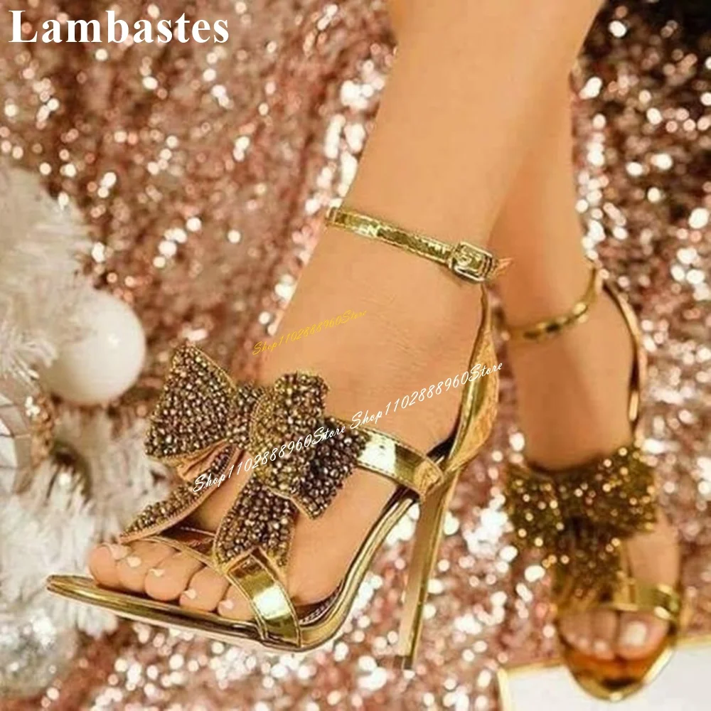 

Gold Crystal Butterfly Knot Decor Luxury Sandals Thin High Heel Women Shoes Ankle Buckle Strap Open Toe 2024 Zapatos Para Mujere