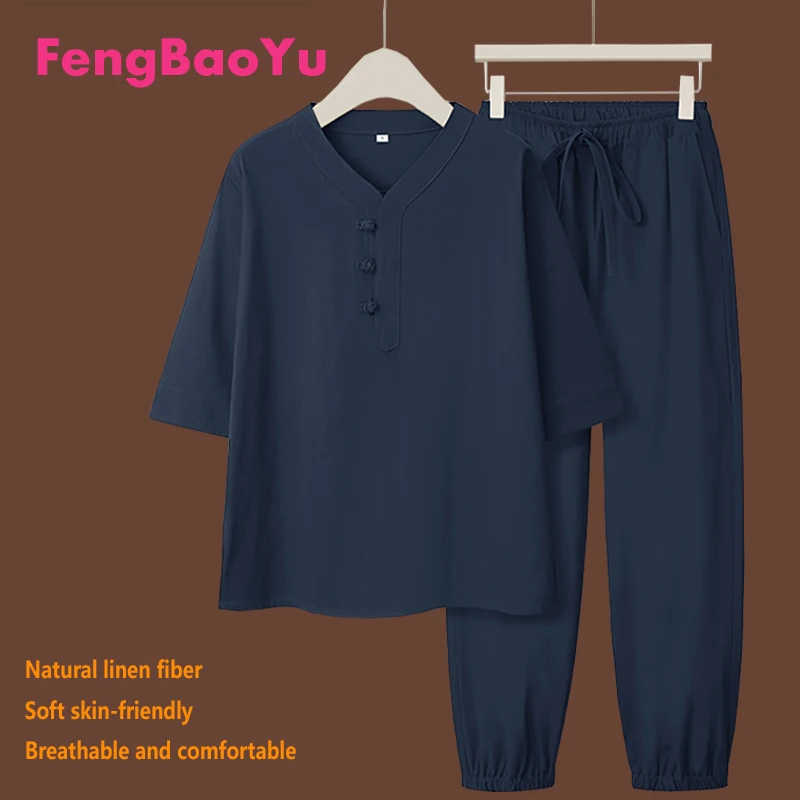 

Высококачественный льняной мужской костюм, футболка с короткими рукавами и длинные брюки, комплект для праздника, отдыха, отдыха, прохладки, удобный контакт кожи