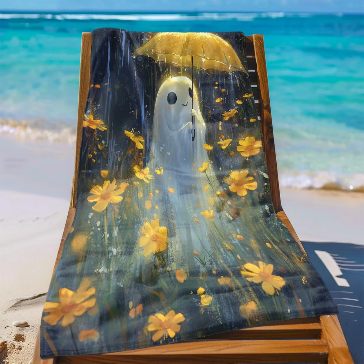 Ghost Holding Umbrella Yellow Flower Rainy Scene Print Beach Towel Soft Microfiber Quick Dry Lightweight Sand Free Blanket
