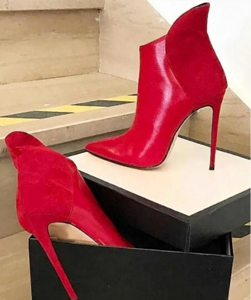 

Red Matte Leather Ankle Boots Patchwork High Cut Short Booties Slip on Cover Heels Women Celebrating Dress Shoes
