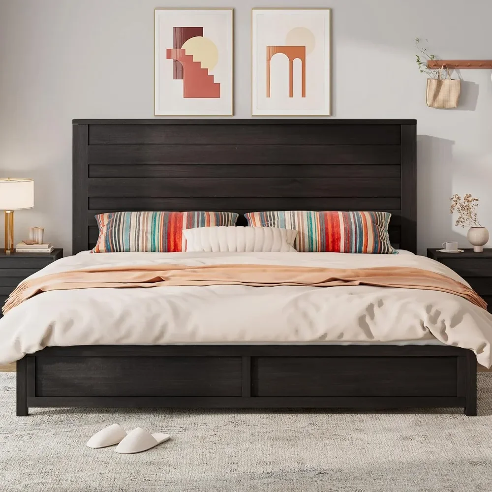 

King Bed Frame with 49" Tall Headboard, No Box Spring Needed/Noise Free, Wooden Hidden Metal Bed Frame