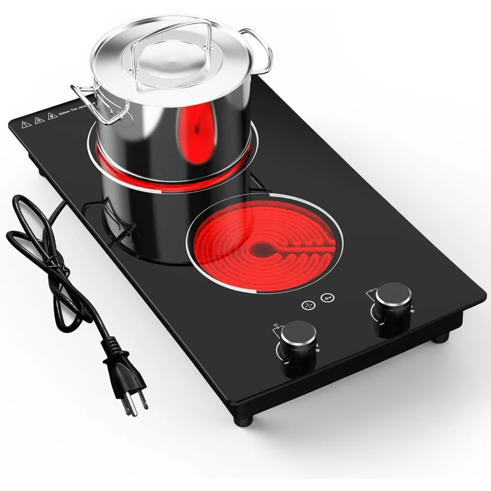 

110v Electric Cooktop 2 Burners, 12'' Electric Stove Top with Plug in, Knob Control Countertop & Built-in Ceramic Cooktop