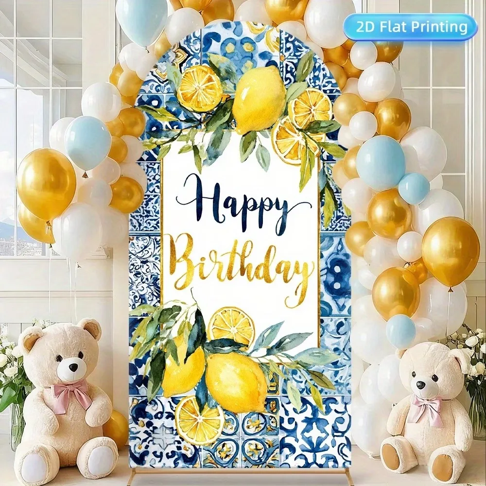 Image of VIKAMA Sommer Blau-Weißer Zitronen-Blumen Geburtstagsbogen Hintergrund aus Spandex-Stoff für Kinder-Party-Fotobox-Dekoration