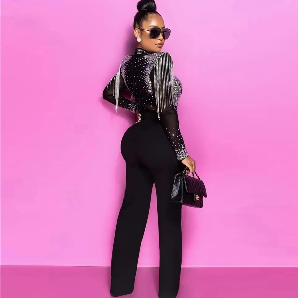 2024 Fashion Tassel hot Drill evening club party women Bandage Pants black pencil pants knitted bodysuit bandage playsuit