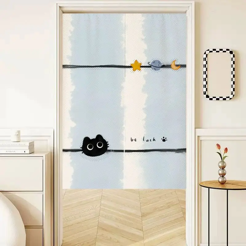 VIKAMA Cute Black Cat Japanese Half Curtain, Cartoon Printed Fabric Privacy Divider for Kids Bedroom, Kawaii Home Decor