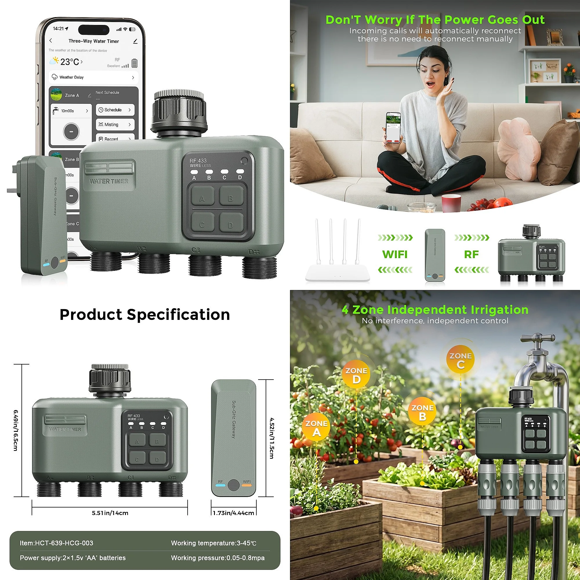 Smart WiFi Wireless 4-Zone Eco-Friendly Automatic Garden Water Timer with Easy Installation