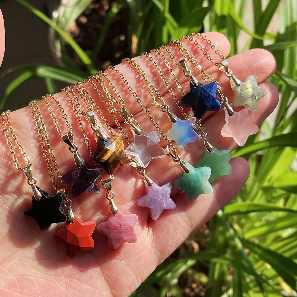 Collar con colgante de estrella de cristal Natural, amuleto de cinco puntas, amatistas de péndulo, collar de piedra de cuarzo verde púrpura, joyería de Reiki, nuevo