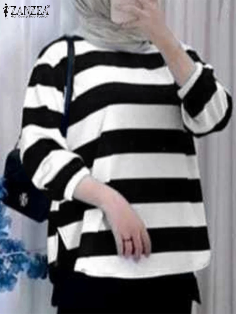 ZANZEA Striped Muslim Sweatshirts Casual Loose Islamic Fashion O Neck Long Sleeve T-shirt Commute Daily Women 2024 Pullover Tops