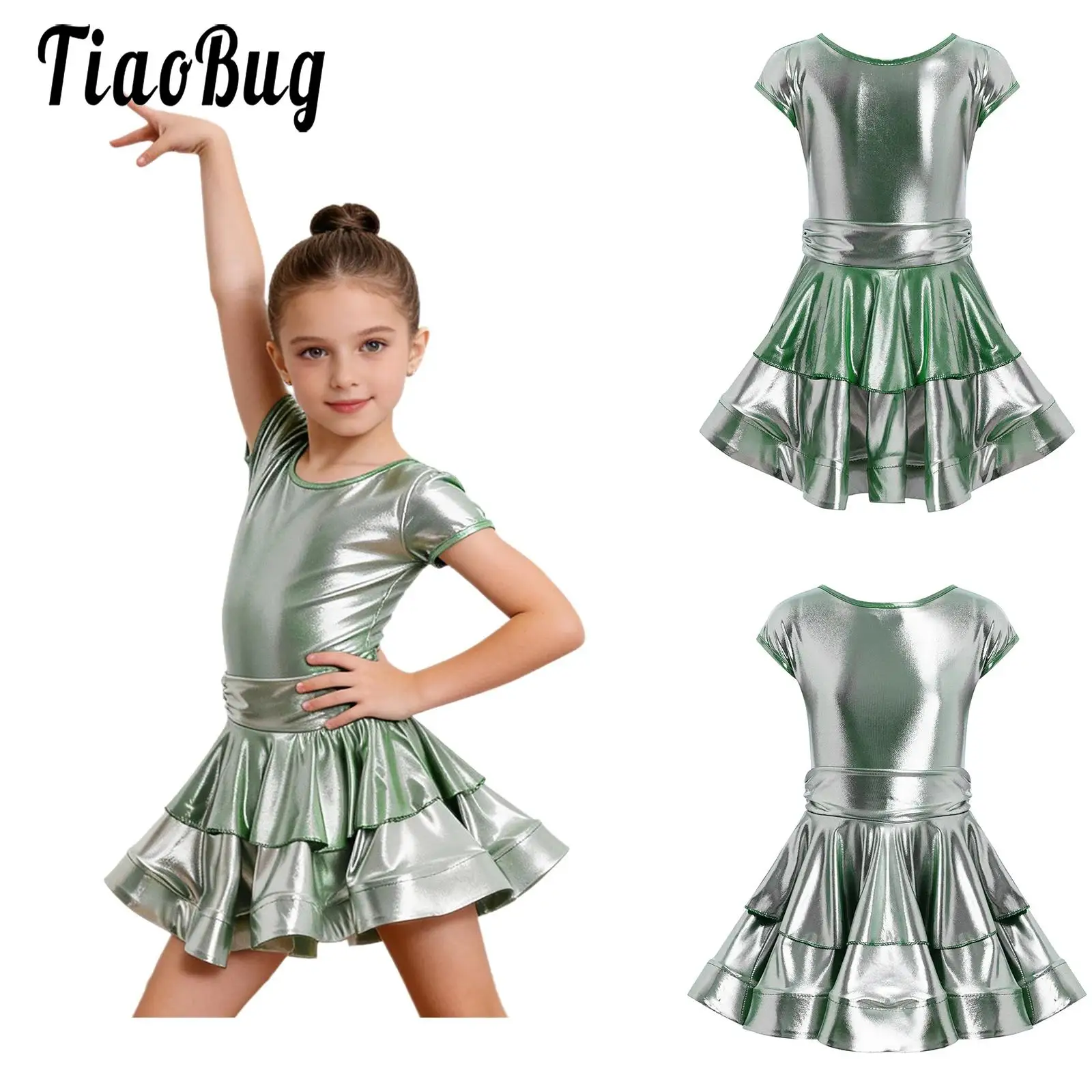 Kids Girls Metallic Latin Tango Dance Performance Costume Samba Dancewear Sleeveless Tiered Ruffled Dress with Built-in Briefs