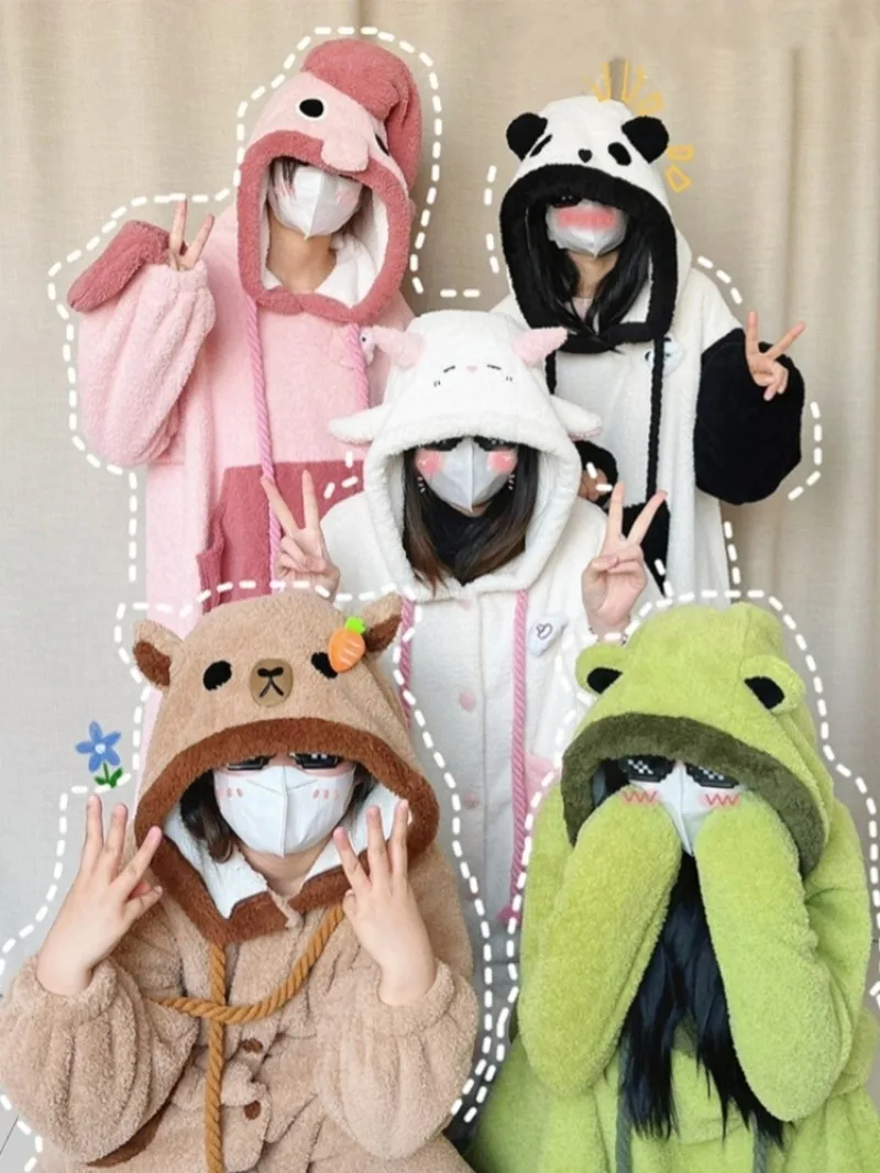 Kawaii Plush Animal Cloak Winter Warm Cartoon Pajamas Girl Sleepwear Cute Hooded Homewear Female Blanket Cape