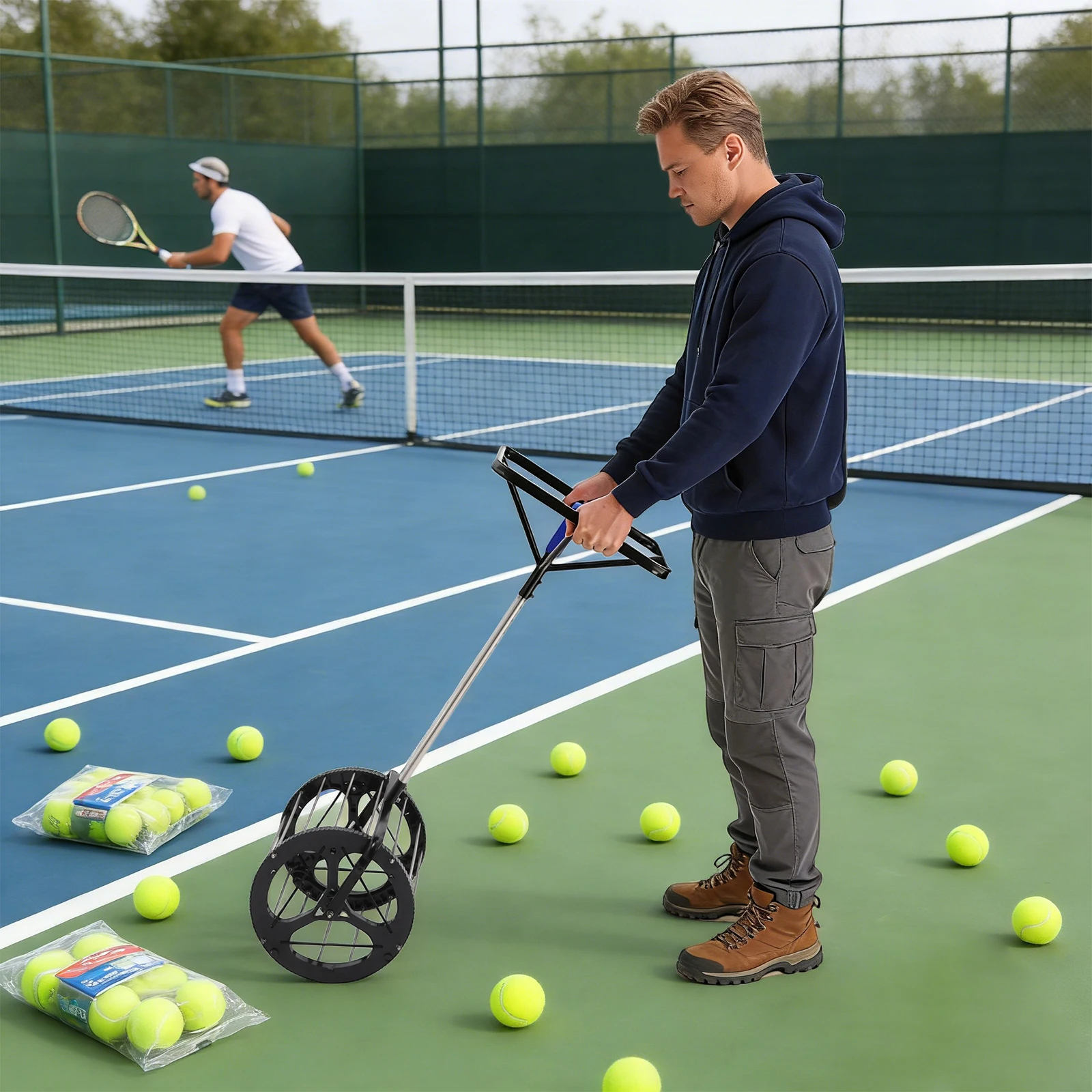 Recogedor automático de pelotas de tenis, contenedor para practicar el recogimiento de pelotas de tenis, recogedor de pelotas de tenis ajustable para entrenadores y jugadores de tenis, capacidad: aproximadamente 80 pelotas de tenis