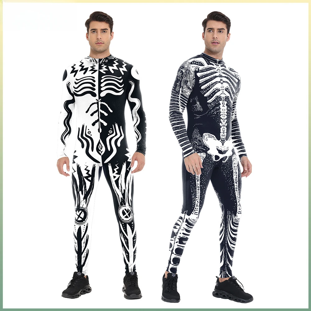 

Men Black White Printing Cyber Punk Jumpsuit Holiday Party Cosplay Costume Halloween Theme Shows Bodysuit Performance Outfit