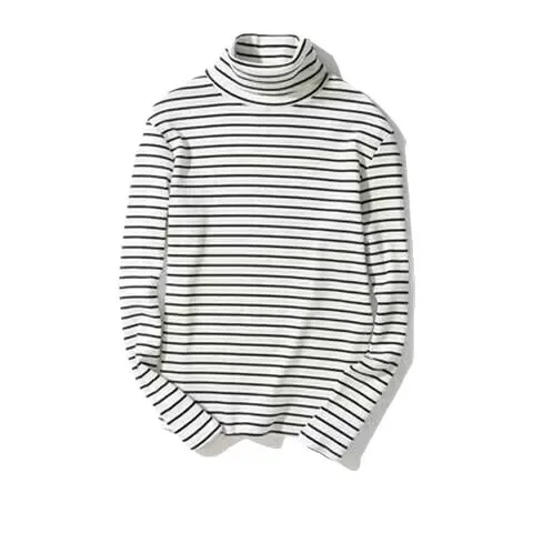 الخريف الشتاء عالية الياقة طويلة الأكمام تي شيرت مخطط للجنسين طالب زوجين عادية تنوعا بلوزة بسيطة للرجال والنساء #5