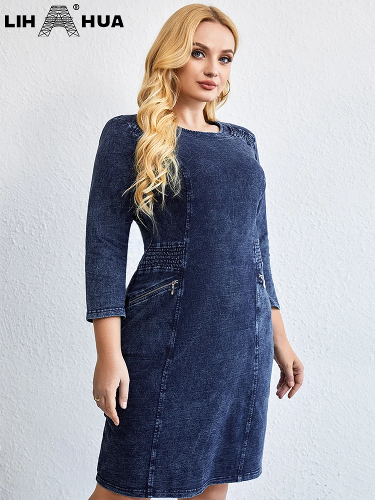 LIH HUA Women\'s Plus Size Denim Dress Autumn Chic Elegant Dresses For Chubby Women Cotton Knitted Round Neck Dress