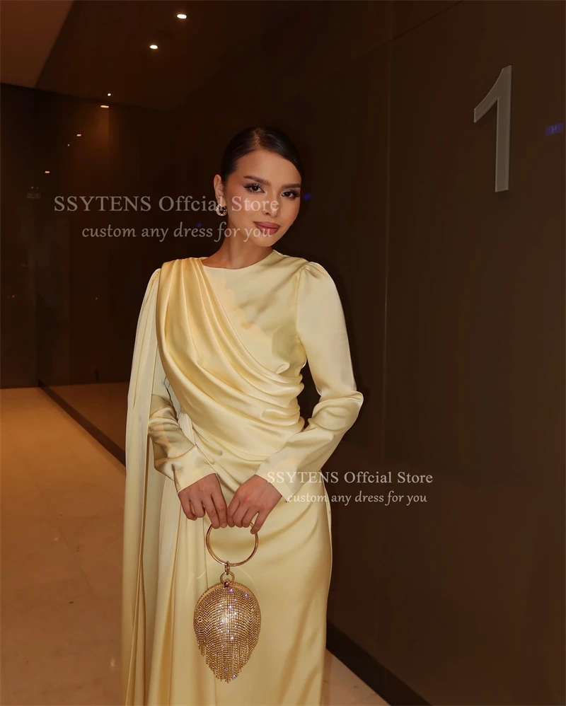 SSYTENS 우아한 노란색 새틴 이브닝 드레스 긴 소매 공식 행사 드레스 결혼식 사우디 아라비아 파티 파티 가운 맞춤형