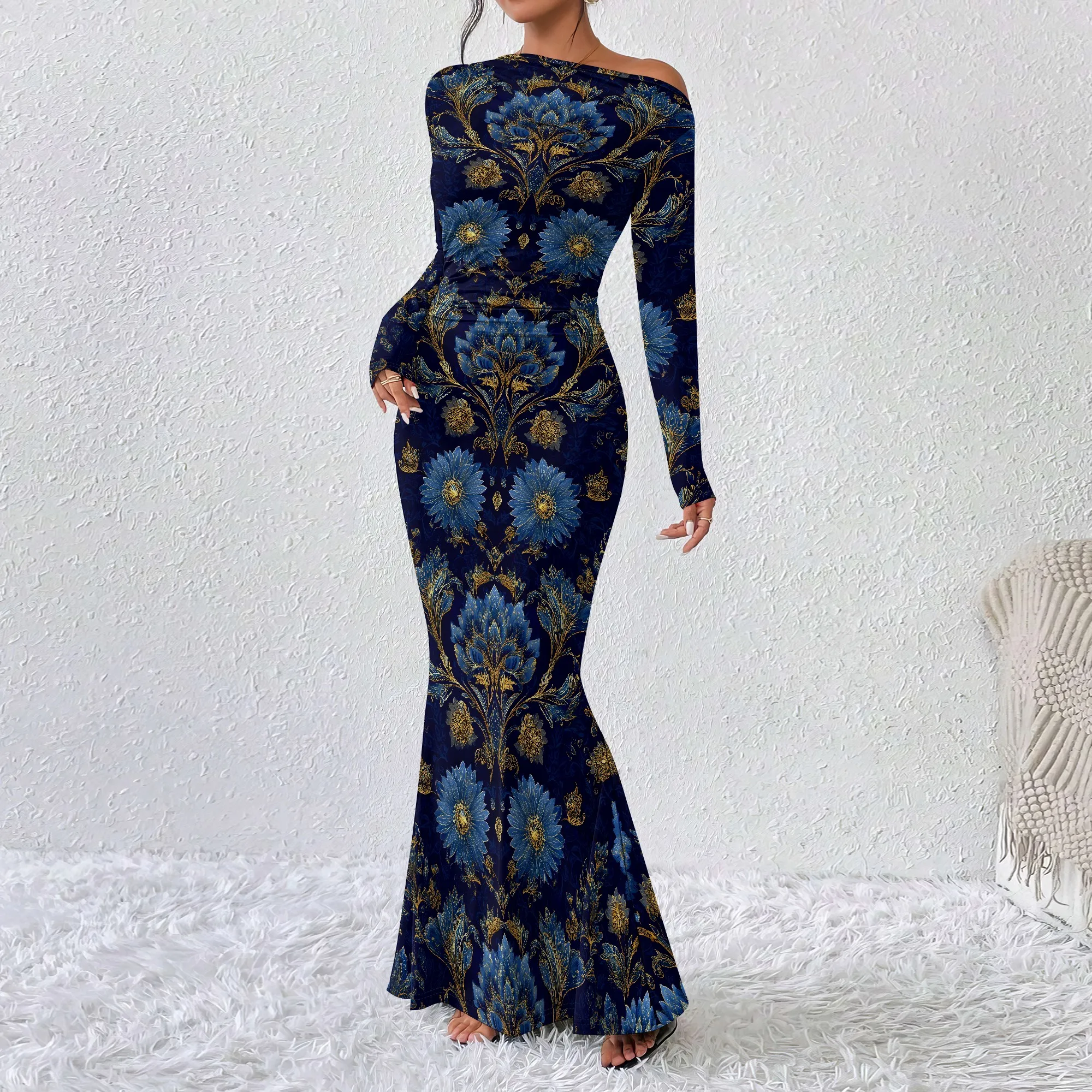 

Nupusa Navy Gold Floral Print Dress for Women Regular Size Summer Casual Off Shoulder Long Sleeve Mermaid Maxi Dress