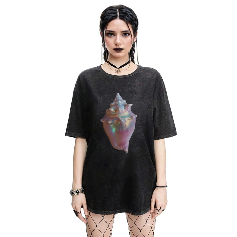 

Y2k Gothic Funny Conch Fish Print Woman T Shirts Summer Vintage Washed Breathable Cotton Tee Shirt Fashion Casual Tshirt