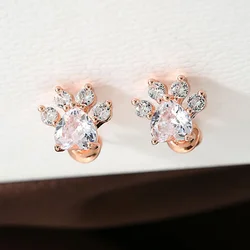 Cute Lovely Cat-Paw Stud Earrings Bright Crystal Zirconia Stone Romantic Minimal Earring Piercing Accessories Best Gifts