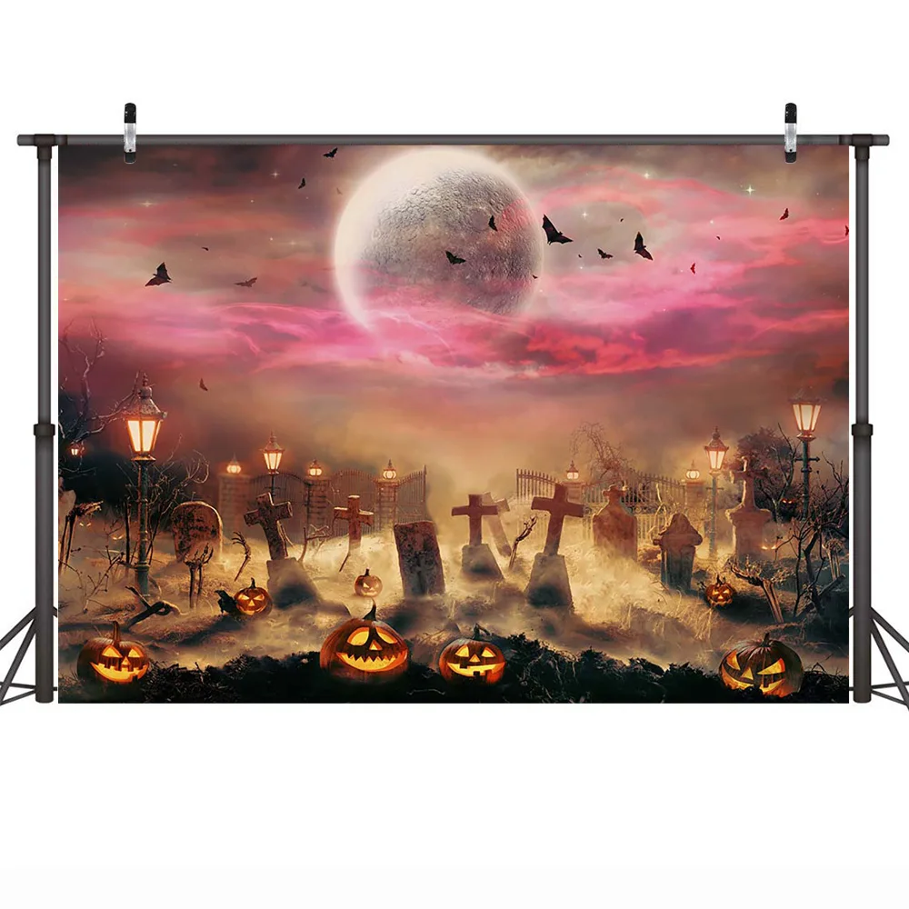 Счастливый Хэллоуин, баннер для вечеринки, фотофон, замок, кладбище, луна, ночь, тыква, фонарь, фон, ведьма, трюк или жизнь, принадлежности
