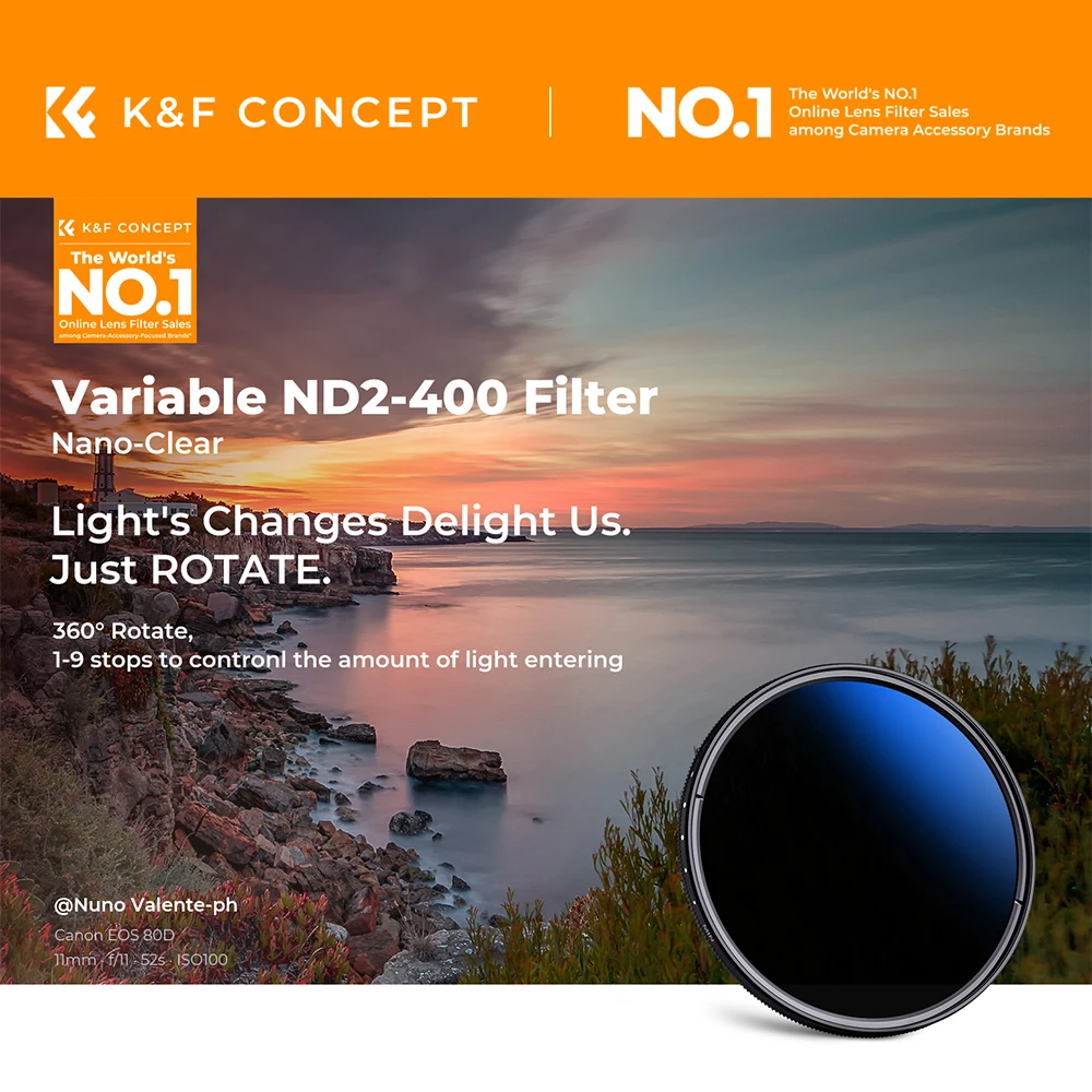 K&F CONCEPT Nano-C ND2-400 Filtre ND variable, filtre ND HD ultra-mince et étanche 37/40.5/43/46/49/52/55/58/62/67/72/77/82 mm