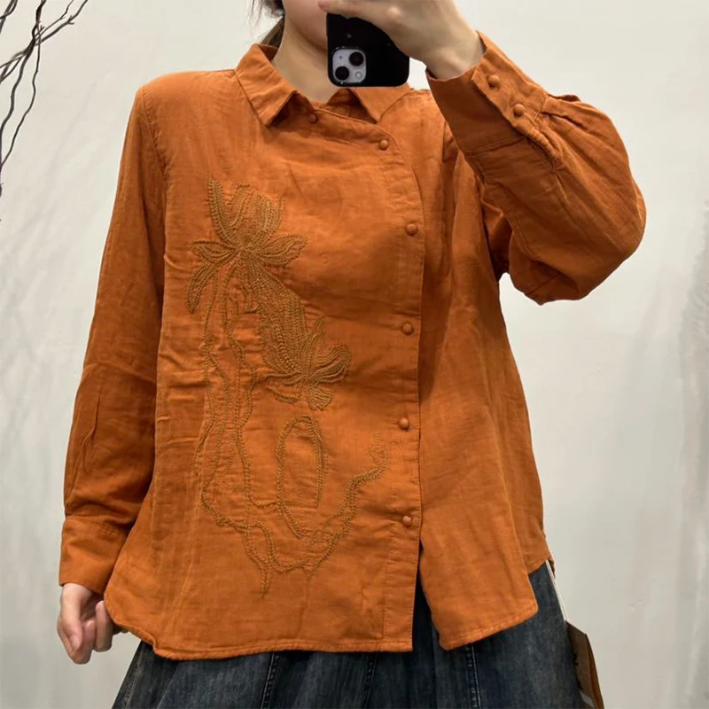 中国風デザインの刺繍入りシャツ レディースファッション ゆったりカジュアルトップス ヴィンテージ風エレガントなコットンリネンブラウス