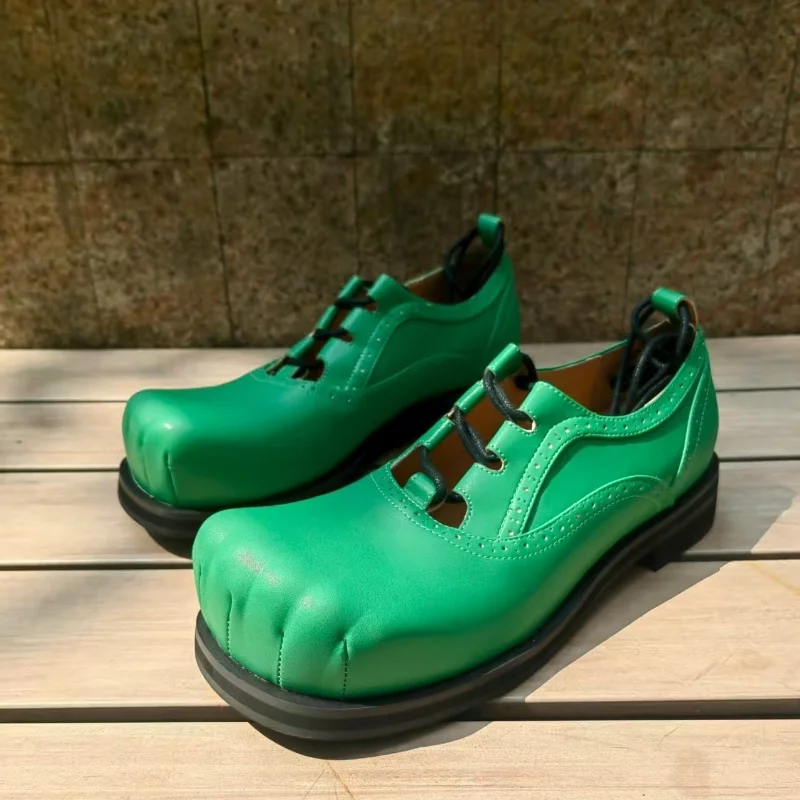

Green Leather Heel Shoe Big Size 39-46 New Men Five Fingers Round Toe Loafers Ankle Cross Strap Hollow Dress Shoes Handmade Man