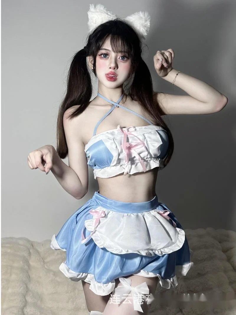Cute Pure Lolita Maid Uniform Sexy Pajamas Maid Dress Elegant Blue Sweet Korean Women Tank Mini Dress 2024 New Tops HE7N