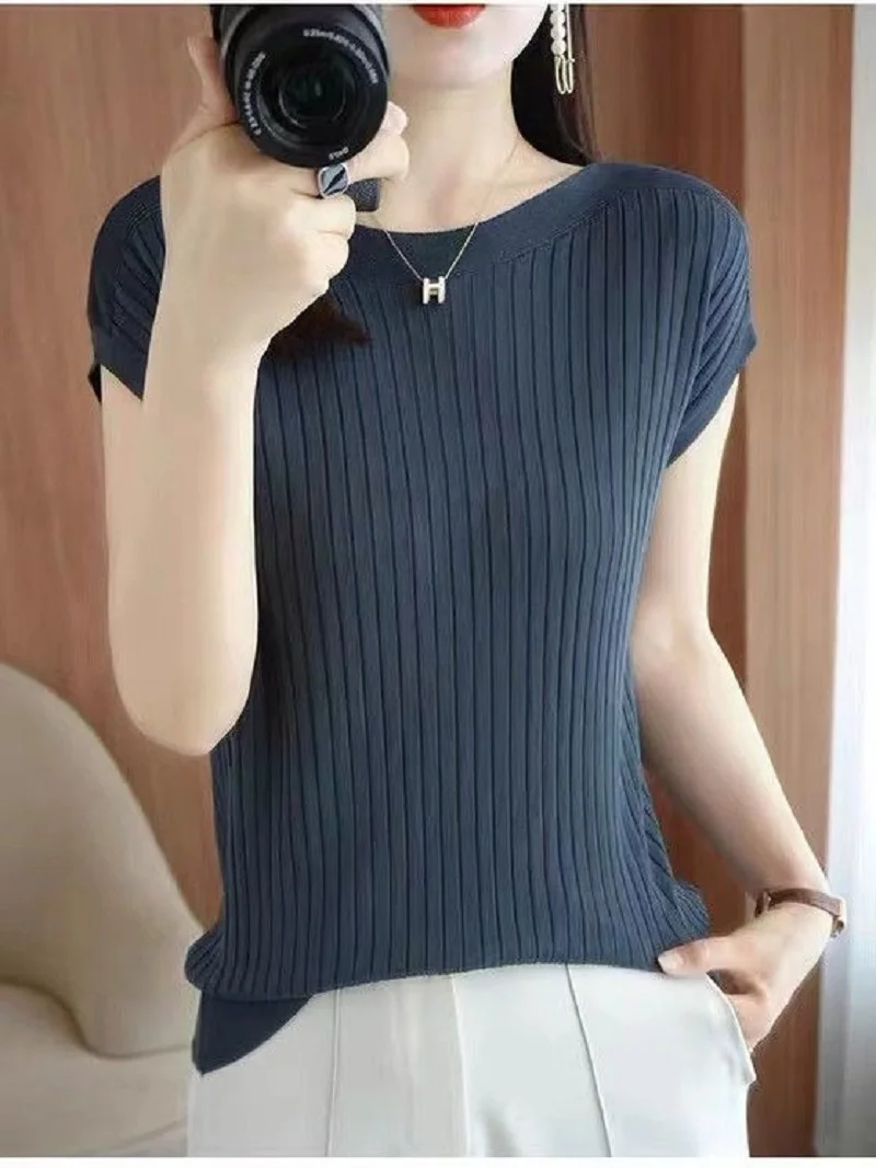 ฤดูร้อนถักเสื้อกันหนาวแขนกุดผ้าไหมน้ําแข็งสีทึบเกาหลีแฟชั่นสไตล์ Tee Casual O คอเสื้อผ้าหญิง
