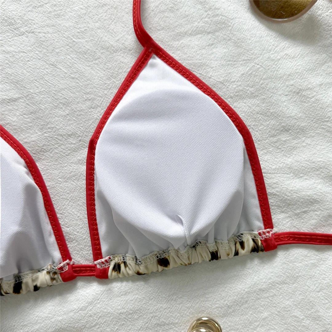 Neuer, aufreizender Bikini mit Leopardenmuster und Neckholder-Ausschnitt für Damen, zweiteiliges Badeanzug-Set mit Shorts, gepolstert, Badebekleidung, Badeanzug, Modell V7842. – Detail 7