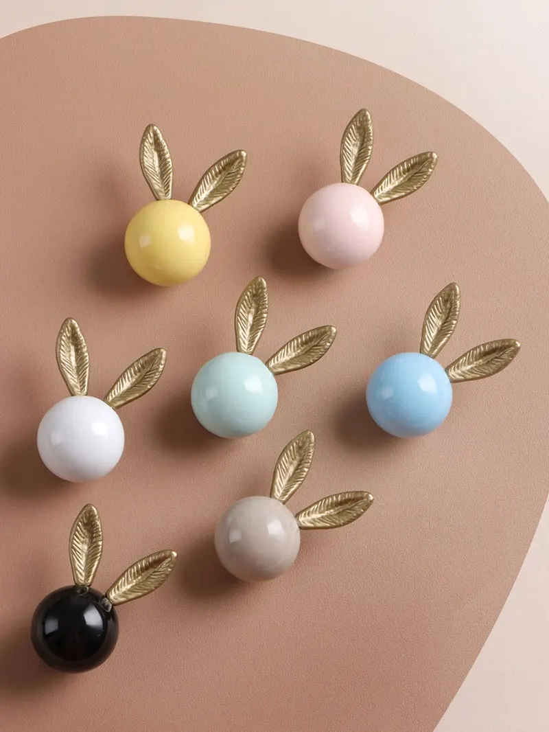 Ceramic with Brass Cute Rabbit Hooks For Hanging Bags Hats Keys Wall Mounted Creative Clothes Hangers Cabinet Pulls Handles