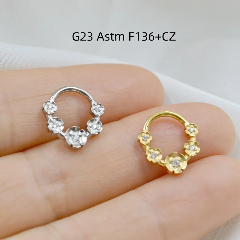 

10pcs G23 ASTM F136 Titanium Piercing CZ Flower Nose Hoop Septum Clicker Ring Earring Ear Tragus Helix Cartilage Body Piercing