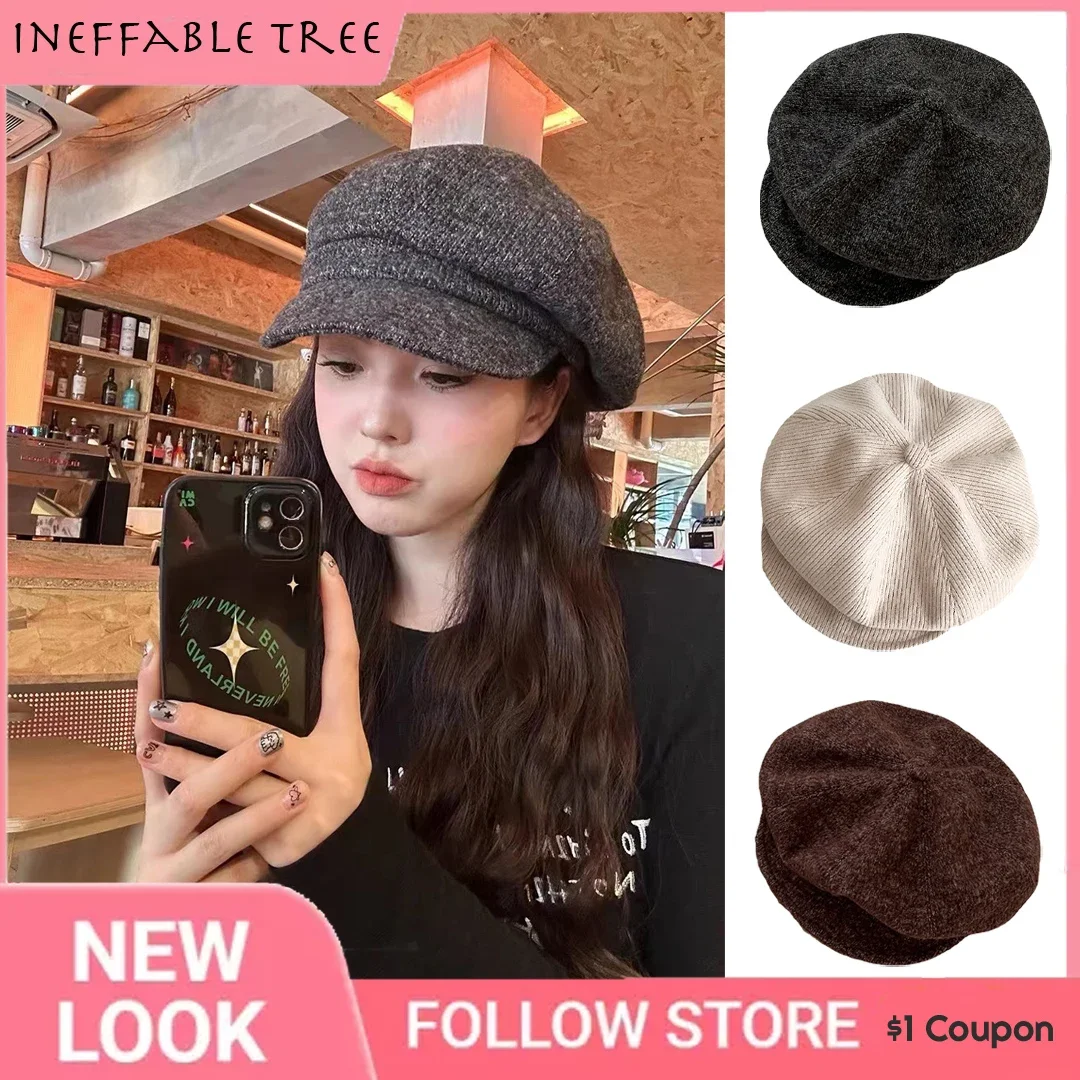 

Winter Knitted Octagonal Beret Hats for Women Men British Retro Versatile Cap Versatile Newsboy Painter Gorras Casquette Homme