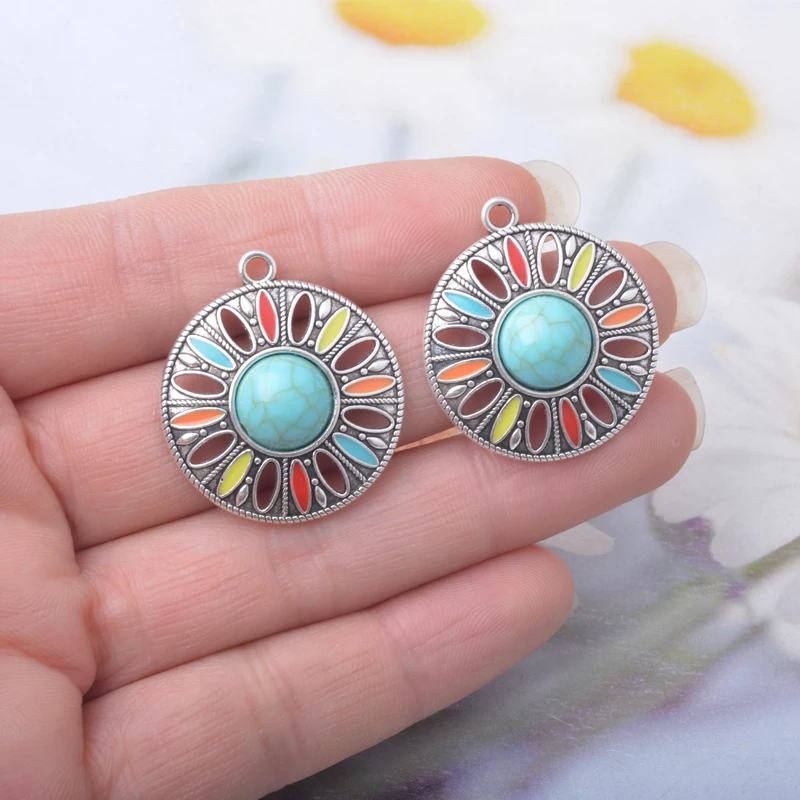 12 Stück Böhmischer Stil Antik Silberfarbene Emaille Imitation Türkisblau Charms Ohrringe Anhänger Zubehör DIY Damenschmuck – Detail 7