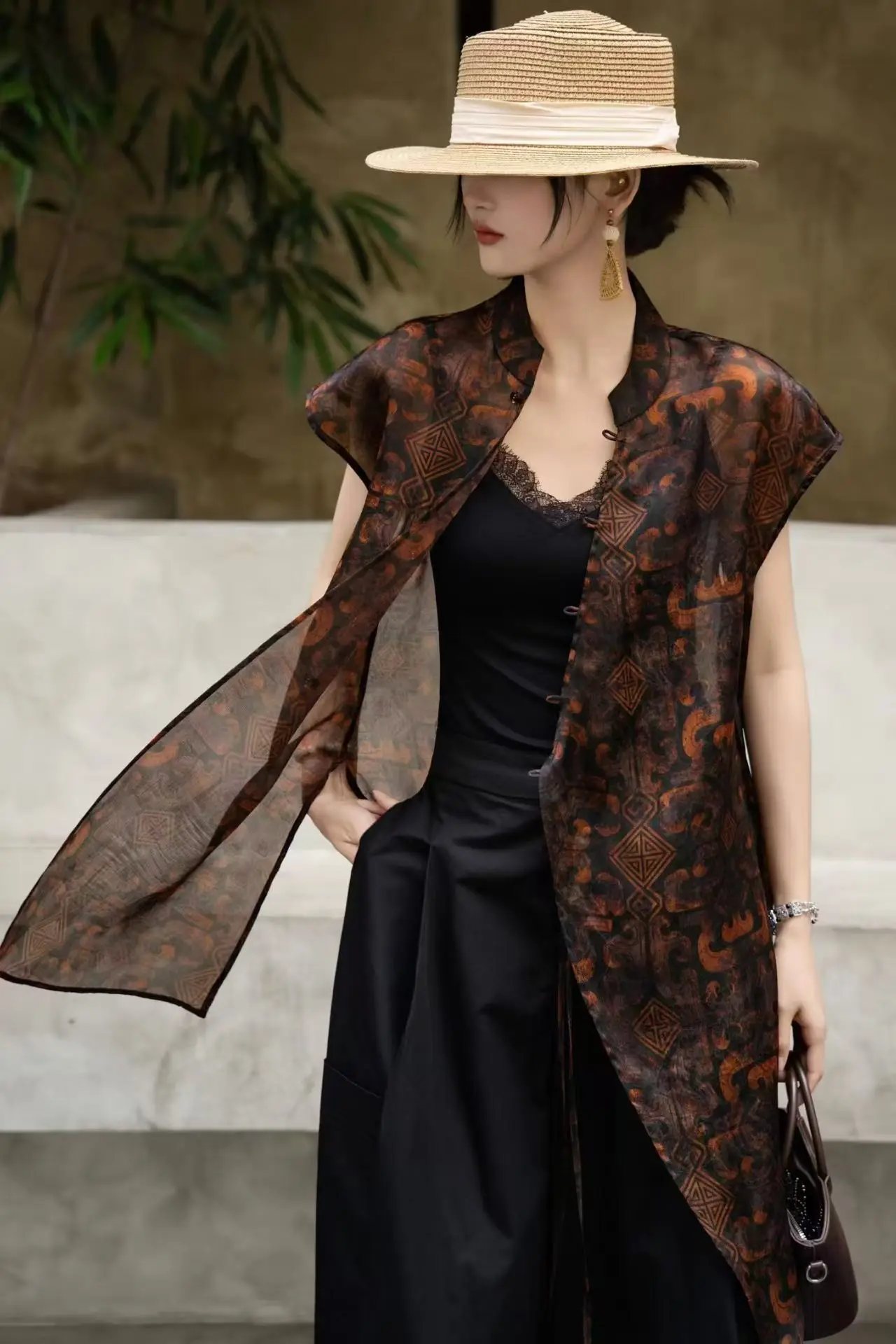 High End Summer New Silk Organza Fabric Stand Collar Short Sleeved Retro Button + Lace Up Asymmetrical Women's Shirt S-XL