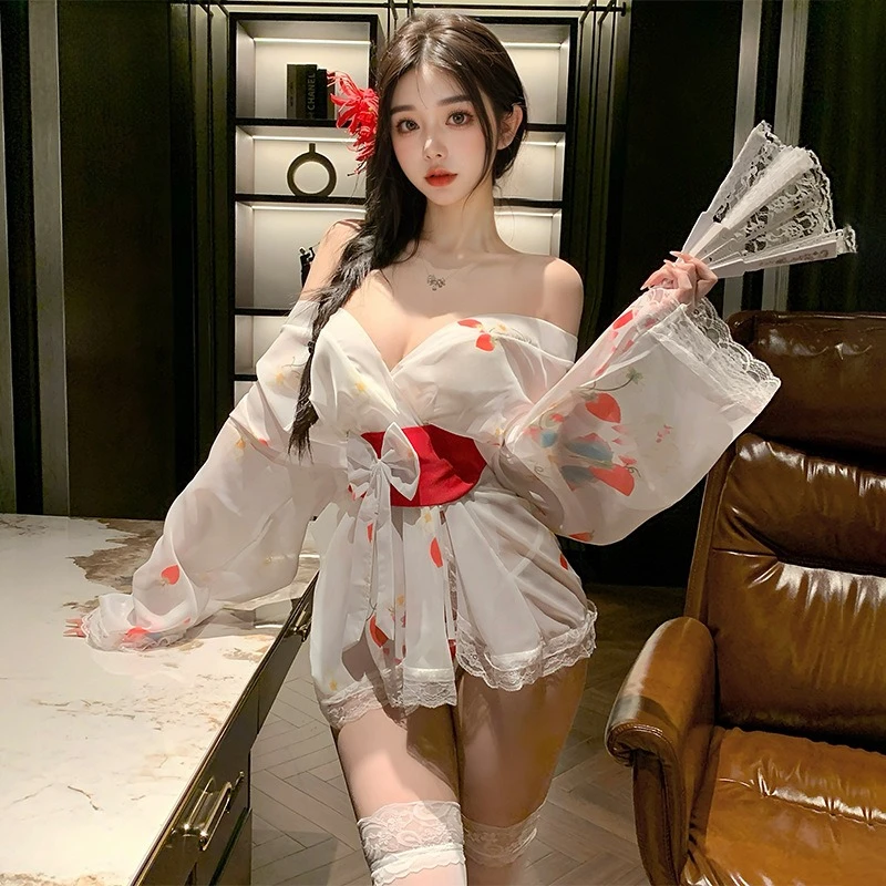 شفافة نمط الفراولة طباعة مثير كيمونو مغر الدانتيل طويلة الأكمام القوس فستان أنيق سحر ثوب النوم اليابانية البشكير #2