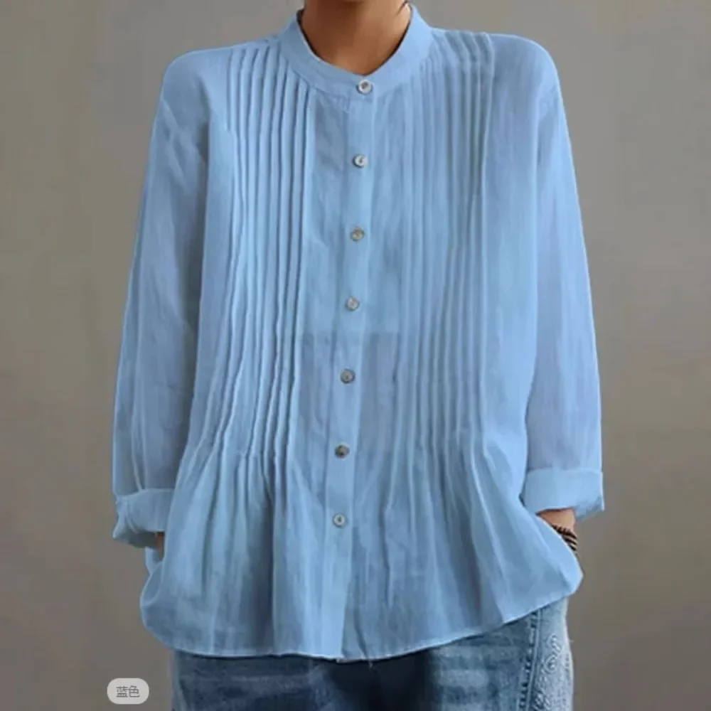 Women Long Sleeve Pleated Button Down Shirt Casual Loose Fit Wrinkle Free Breathable Soft Flattering Daily Office Streetwear