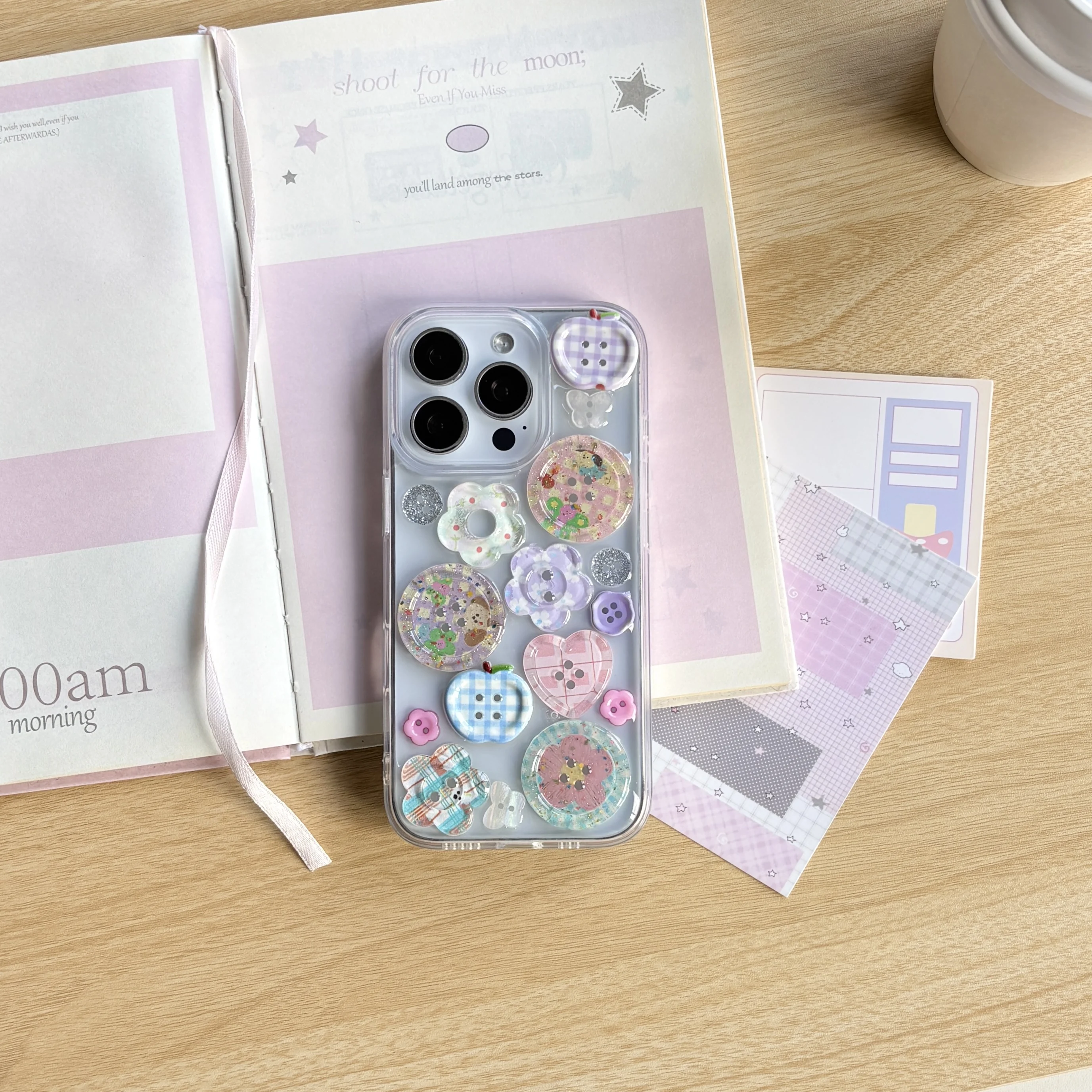 Colorful Check Flower Stereoscopic Button Epoxy Transparent Protective Cover Case For iPhone 17 16 15 14 13 Pro Max
