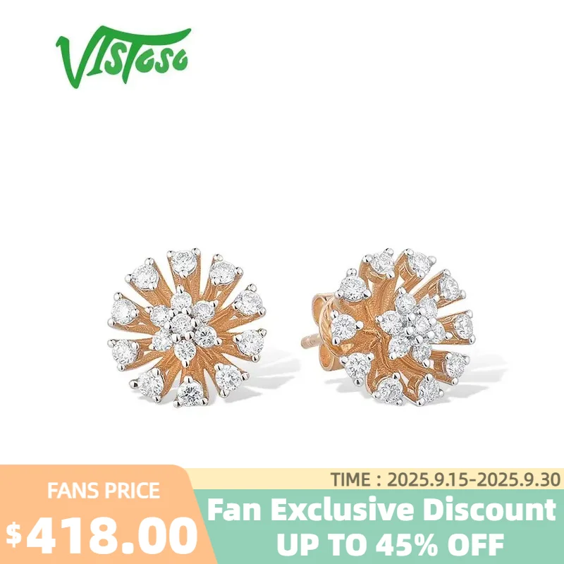 

VISTOSO Gold Earrings For Women 14K 585 Rose Gold Sparkling Diamond Dainty Flower Stud Earrings Fashion Trendy Fine Jewelry