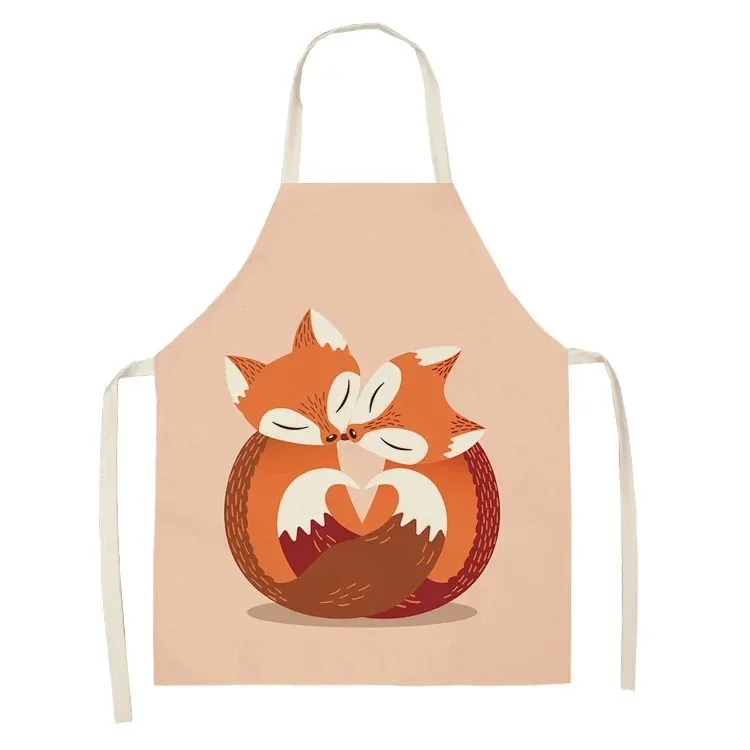 

Cute Fox Print Apron for Women Girls Cartoon Animal Heart Tail Cotton Linen Kitchen Cooking Baking Smock Housework Cleaning Bib