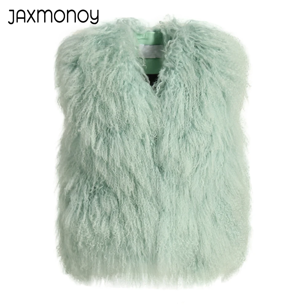 Jaxmonoy Women Real Mongolian Sheep Fur Vest Autumn Winter Sleeveless Fur Coat Ladies Fashion Solid Color Waistcoat New Arrival