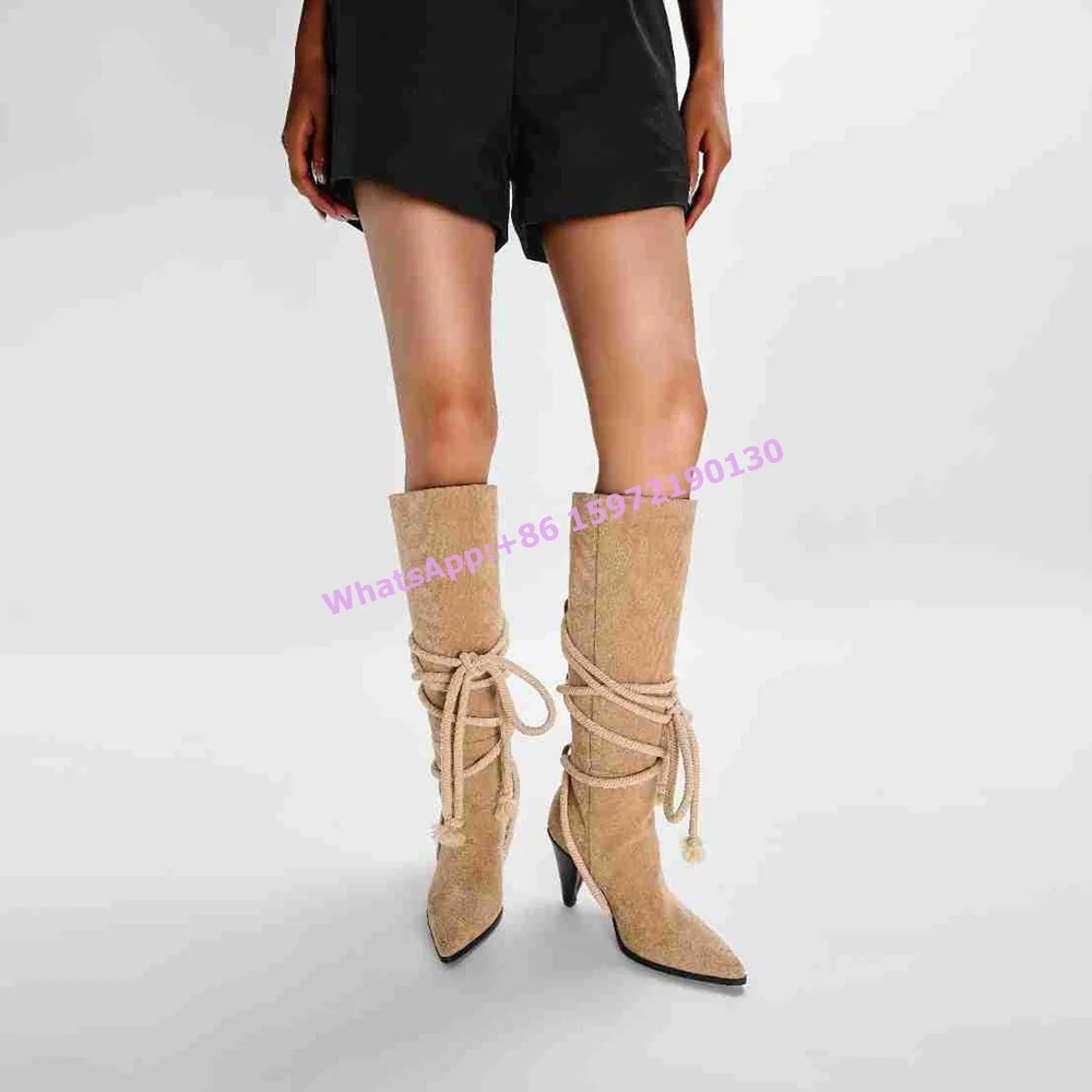 Rope Lace Up Hoof Heels Boots Suede Apricot Pointy Toe Retro French Style Women's Knee High Boots Modern Leisure Runway Shoes