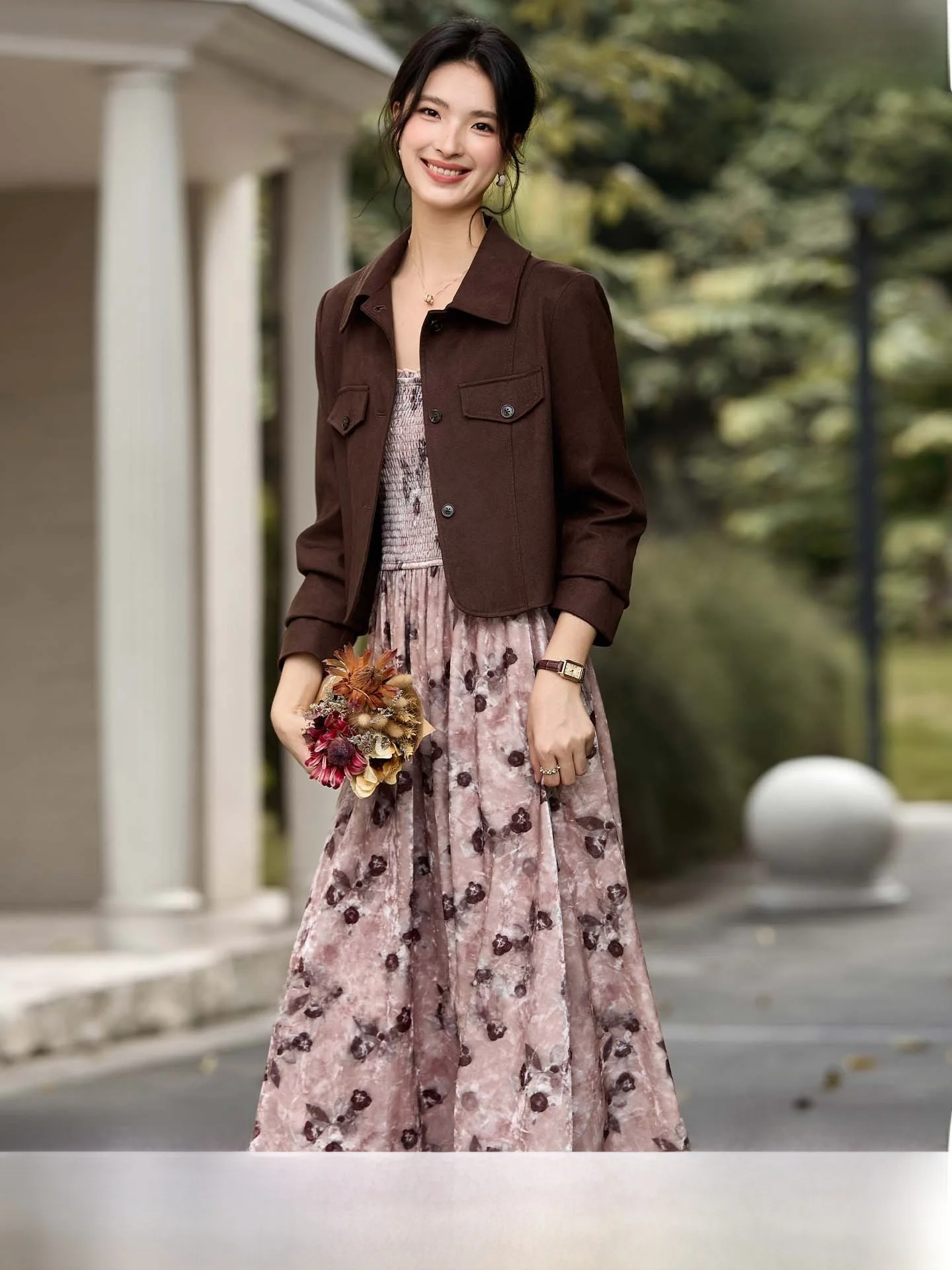 

Ele Floral Print Leather Velvet Jaet And ter Dr Two Piece Set for Women Sli Autumn Collection High Elastici