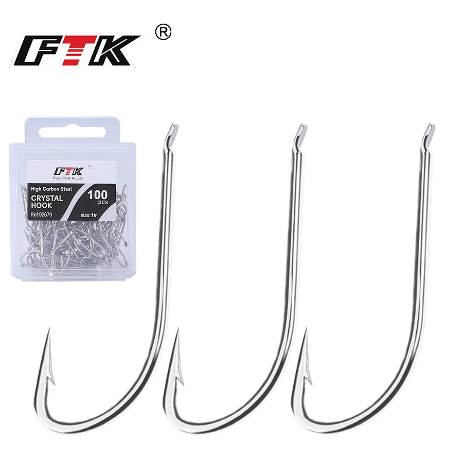 FTK 100pcs/ Box Long Shank Fishing Hook 1#-12# Fish Hooks High Carbon Steel Sharp Barbed Bait Hook Trout Bass Fishing Hooks