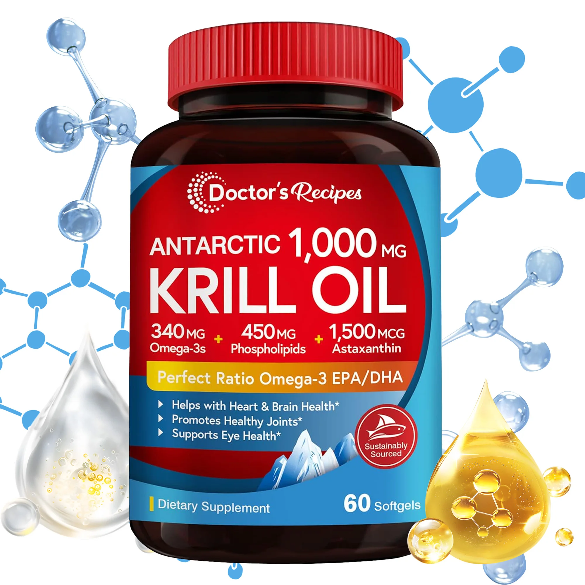 

Antarctic Krill Oil Supplement - Highly Absorbable EPA, DHA, Astaxanthin, and Phospholipids for Heart, Brain, and Joint Health