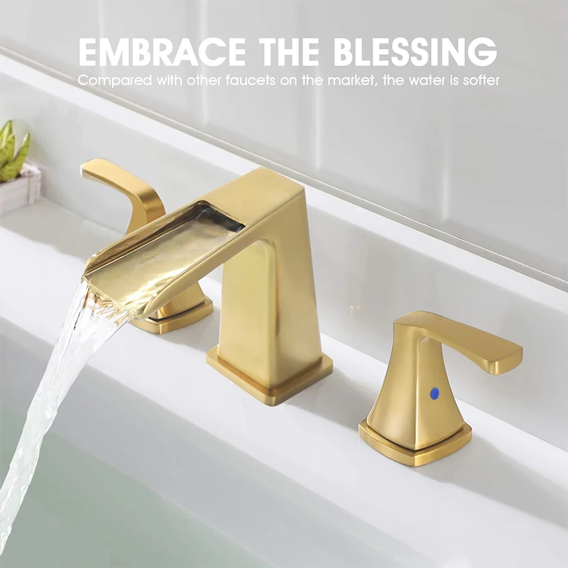 Bathroom faucet with two handles  4-inch center waterfall style bathroom sink faucet brushed gold matte black