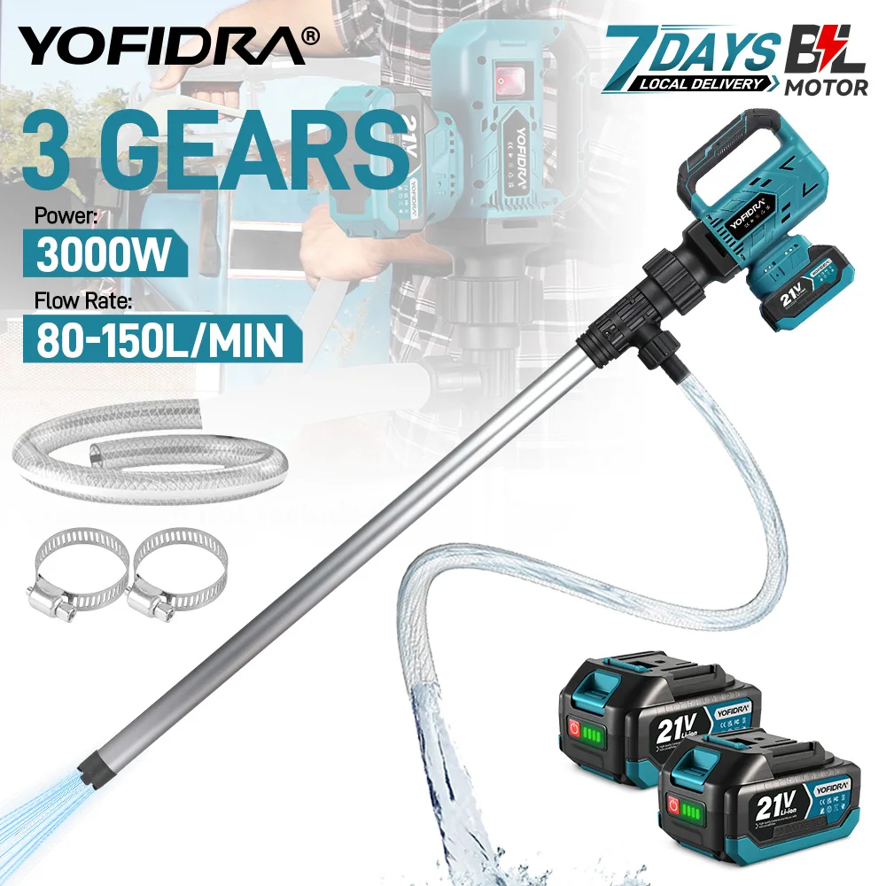 YOFIDRA 3-biegowa, 3000W, 80-150L/min, bezszczotkowa pompa do transferu wody, bezprzewodowa, ręczna maszyna do wyciągania cieczy, kompatybilna z akumulatorem Makita