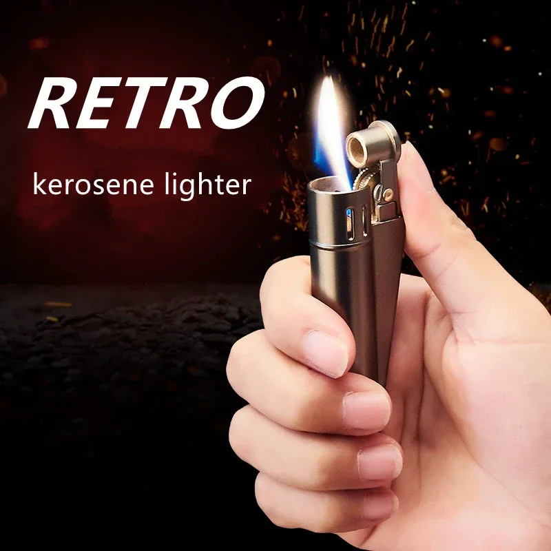 Retro Grinding Wheel Slider Ignition Oil Lighter Metal Machinery Durable Gutter Flint Windproof Lighter